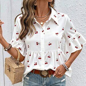 White Casual Women's Cherry Print Fresh Collar Blouse